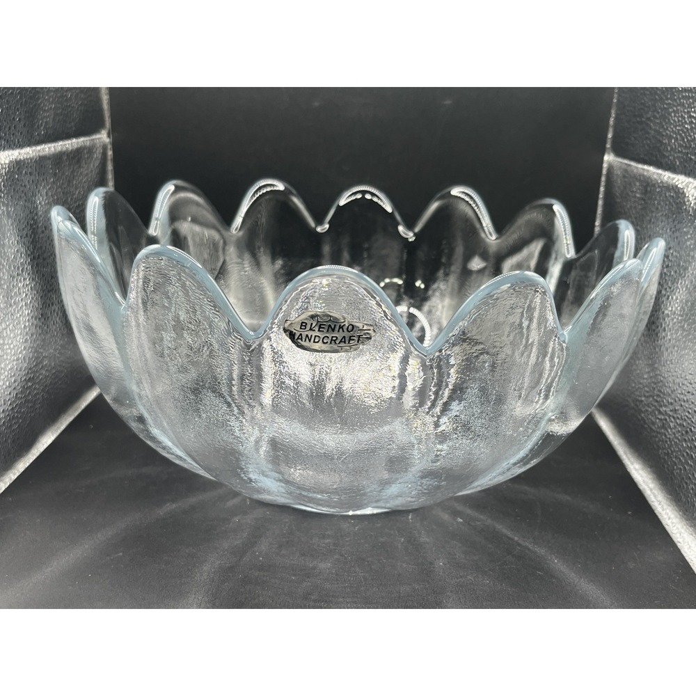 Vtg Blenko Clear Glass 11"‎ Lotus Flower Bowl w/ Sticker Beautiful Shape!